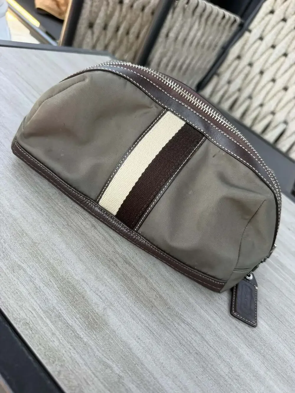 Coach Olive Nylon and Brown Leather Trim Toiletry Travel Pouch